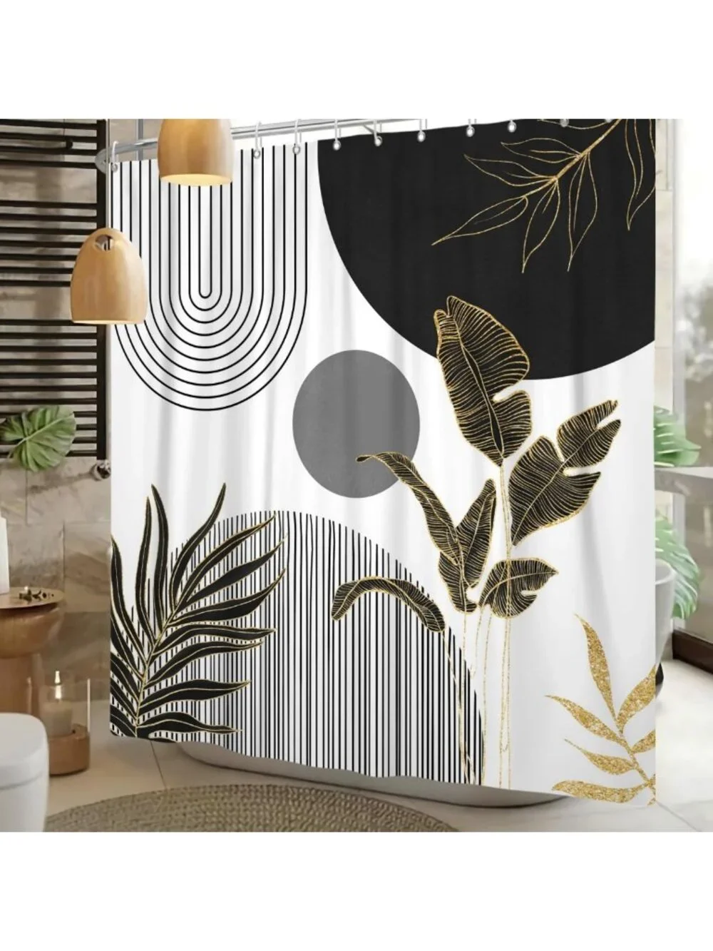 Boho Mid Century Shower Curtain - Abstract Modern Sun & Geometric Leaves 60x72